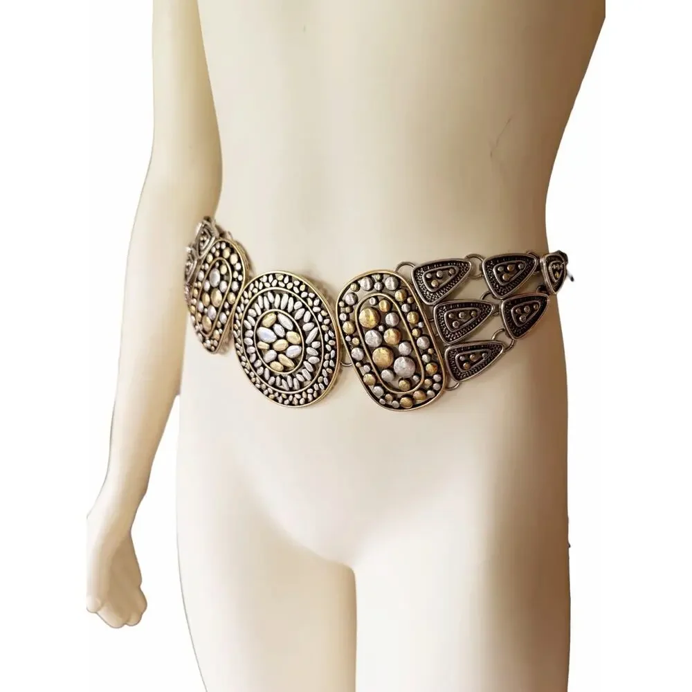Chico’s Chain Belt Two Tone Gold Silver Mixed Metal Boho Medallion Adjustable